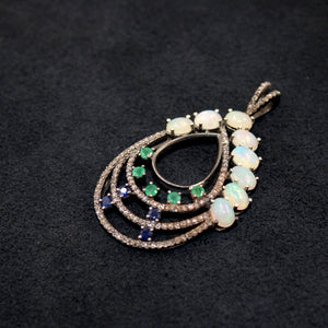 Beautiful Opal, Blue Sapphire, Emerald, Pendant Rosecut Pave Diamond Pendant Silver Handmade Finish Diamond Charms Necklace Pendant