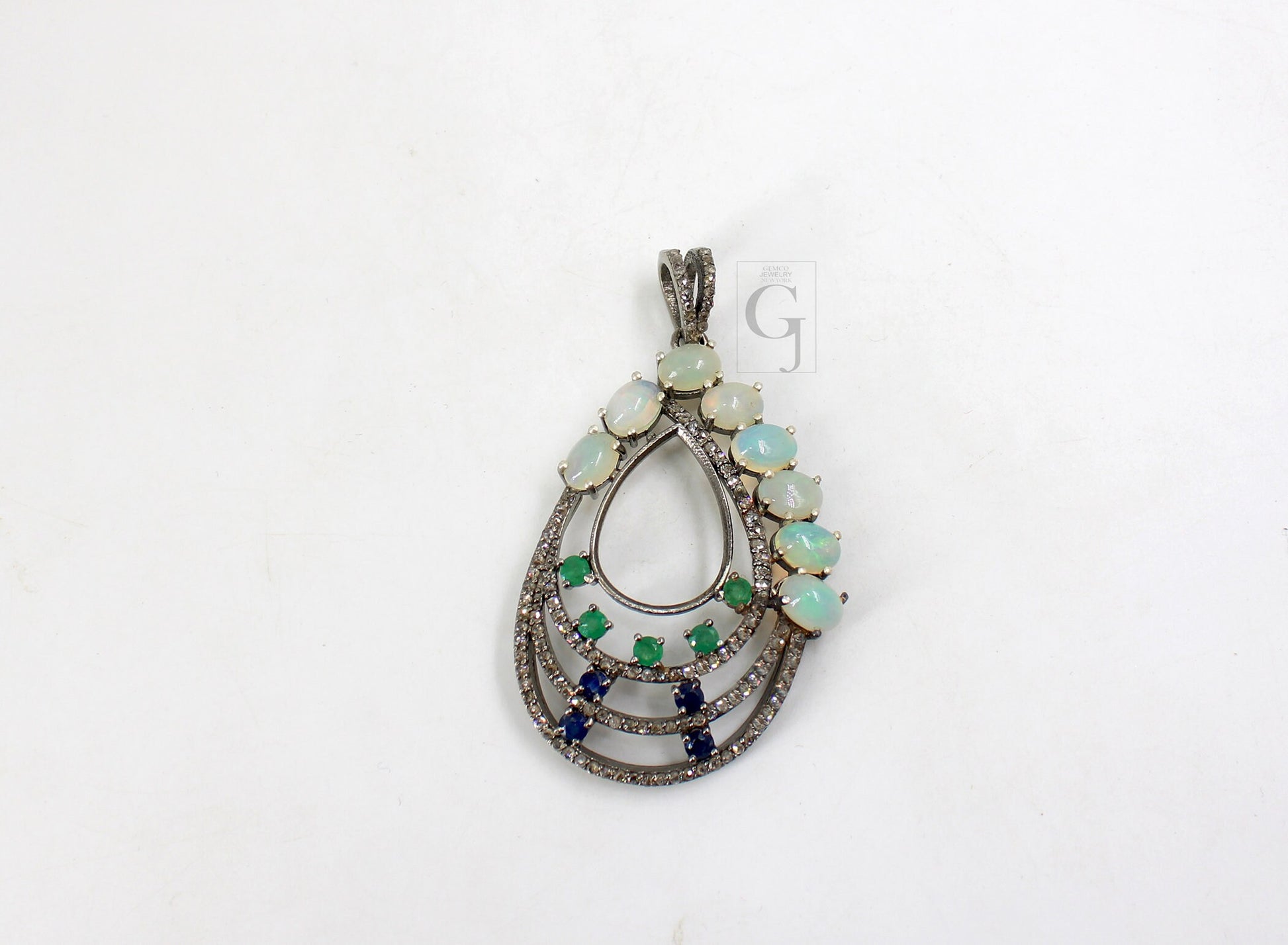 Beautiful Opal, Blue Sapphire, Emerald, Pendant Rosecut Pave Diamond Pendant Silver Handmade Finish Diamond Charms Necklace Pendant