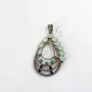 Beautiful Opal, Blue Sapphire, Emerald, Pendant Rosecut Pave Diamond Pendant Silver Handmade Finish Diamond Charms Necklace Pendant