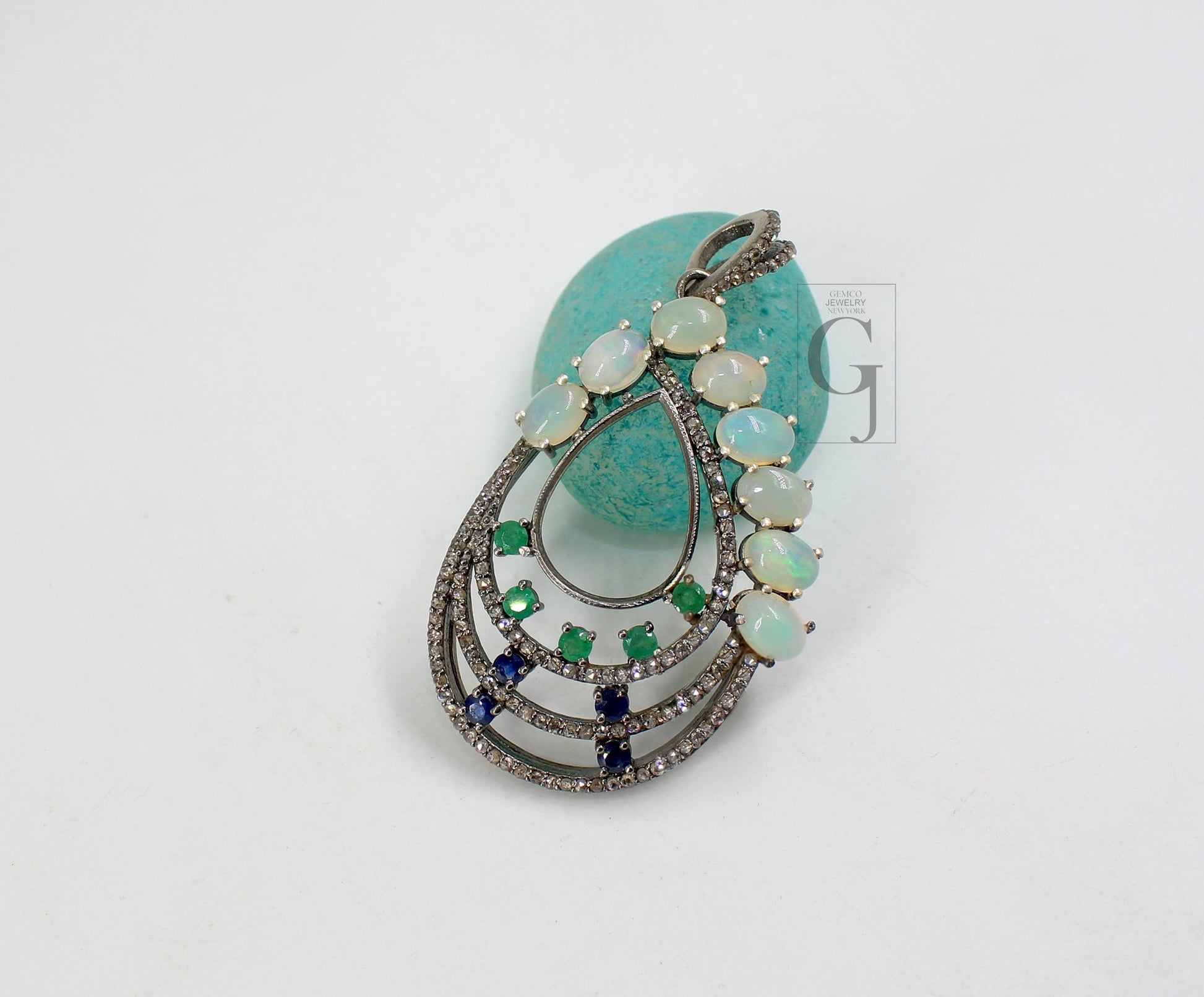 Beautiful Opal, Blue Sapphire, Emerald, Pendant Rosecut Pave Diamond Pendant Silver Handmade Finish Diamond Charms Necklace Pendant
