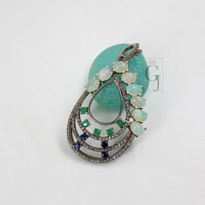 Beautiful Opal, Blue Sapphire, Emerald, Pendant Rosecut Pave Diamond Pendant Silver Handmade Finish Diamond Charms Necklace Pendant