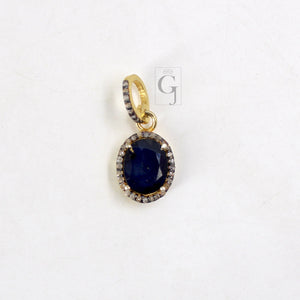 14k Gold Finish Blue Sapphire Pendant Rosecut Pave Diamond Pendant 925 Sterling Silver Handmade Finish Diamond Charms Necklace Pendant