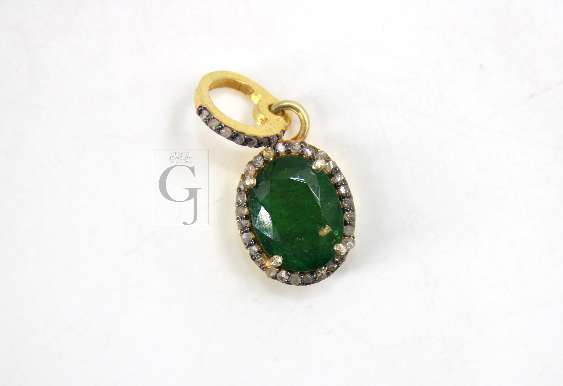 14k Gold Finish Emerald Pendant Rosecut Pave Diamond Pendant 925 Sterling Silver Handmade Finish Diamond Charms Necklace Pendant