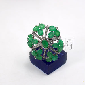 Beautiful Snowflake Designer Emerald Ring Designer Rosecut Pave Diamond Rings 925 Sterling Silver Handmade Silver Finish Diamond Ring