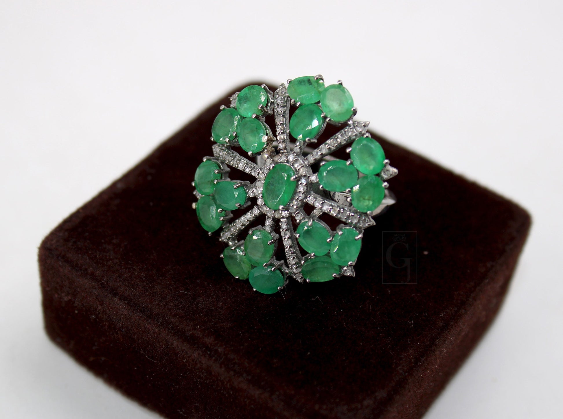 Beautiful Snowflake Designer Emerald Ring Designer Rosecut Pave Diamond Rings 925 Sterling Silver Handmade Silver Finish Diamond Ring