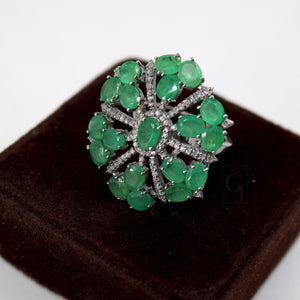 Beautiful Snowflake Designer Emerald Ring Designer Rosecut Pave Diamond Rings 925 Sterling Silver Handmade Silver Finish Diamond Ring