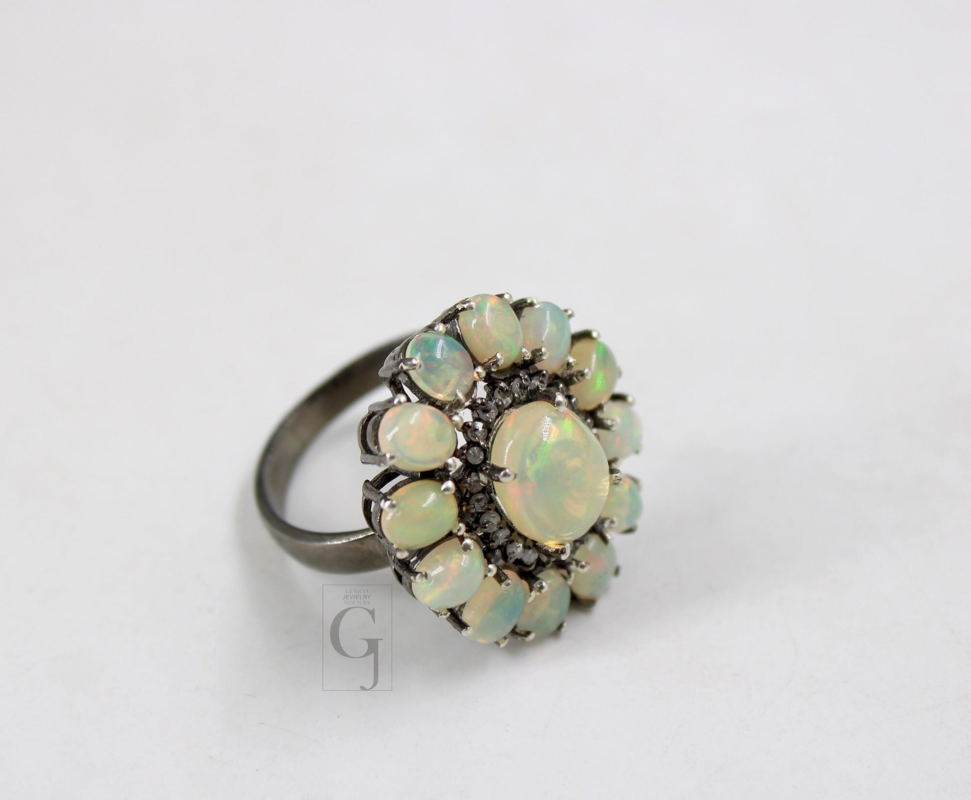 Flower Look Oxidized Finish Natural Opal Ring Designer Rosecut Pave Diamond Rings 925 Sterling Silver Handmade Silver Finish Diamond Ring