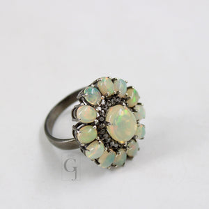 Flower Look Oxidized Finish Natural Opal Ring Designer Rosecut Pave Diamond Rings 925 Sterling Silver Handmade Silver Finish Diamond Ring