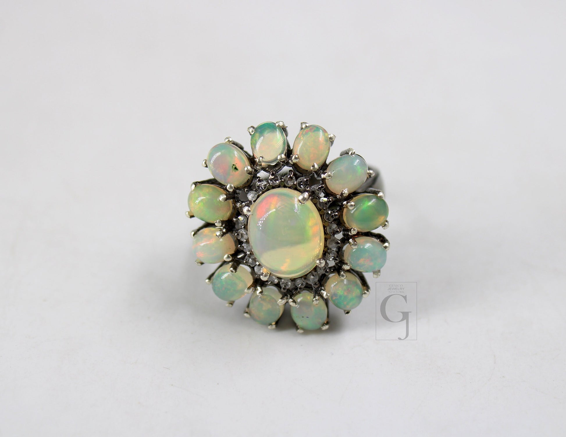 Flower Look Oxidized Finish Natural Opal Ring Designer Rosecut Pave Diamond Rings 925 Sterling Silver Handmade Silver Finish Diamond Ring