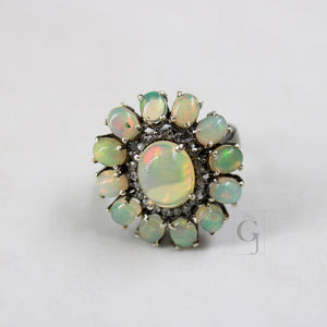 Flower Look Oxidized Finish Natural Opal Ring Designer Rosecut Pave Diamond Rings 925 Sterling Silver Handmade Silver Finish Diamond Ring