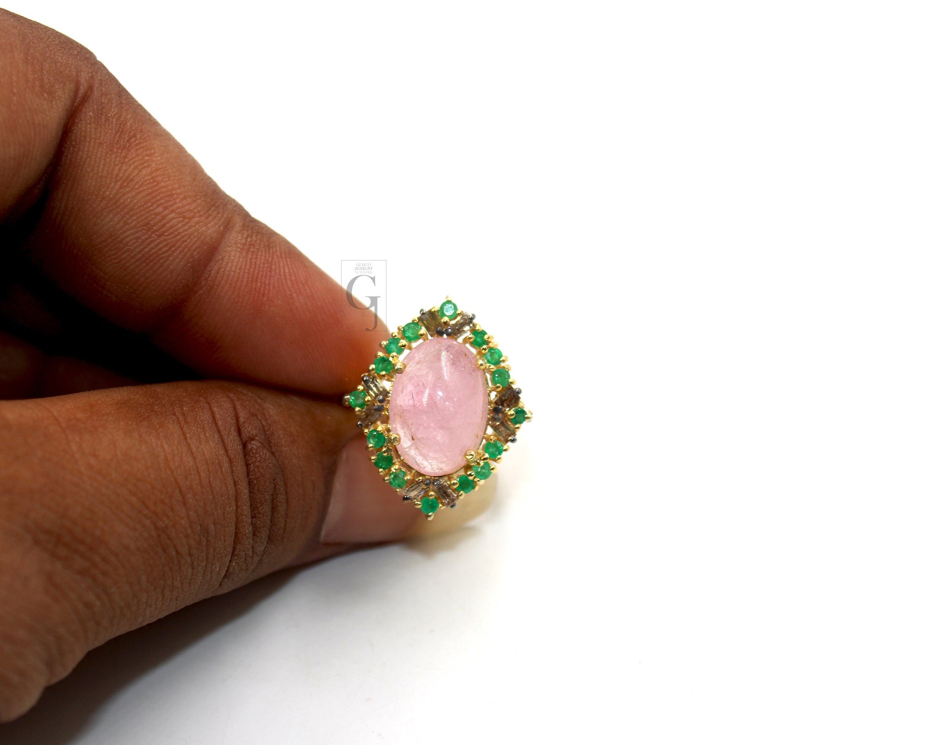 Beautiful 14k Gold Finish Pink Tourmaline Ring Designer Rosecut Pave Diamond Rings 925 Sterling Silver Handmade Silver Finish Diamond Ring