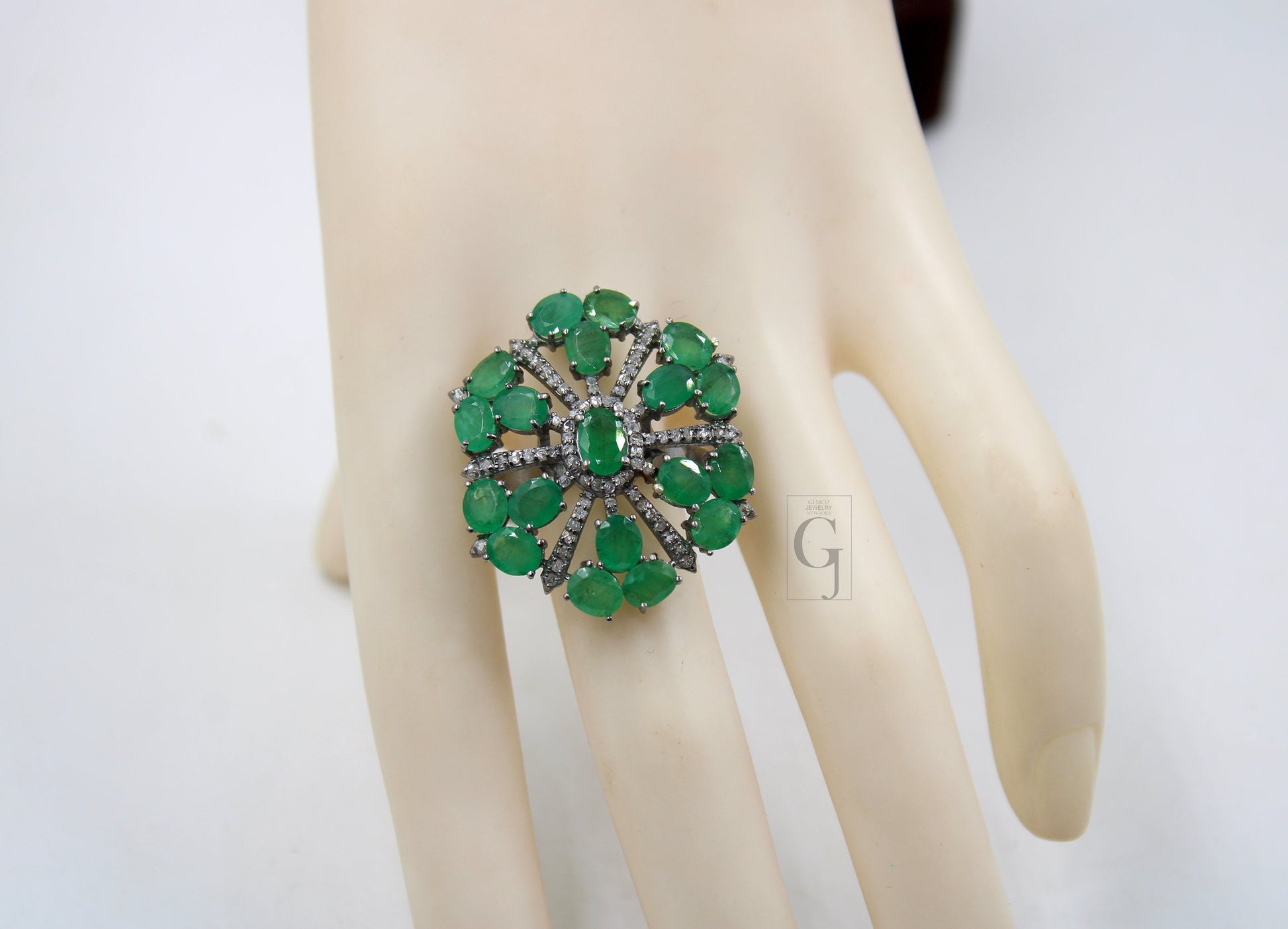 Beautiful Snowflake Designer Emerald Ring Designer Rosecut Pave Diamond Rings 925 Sterling Silver Handmade Silver Finish Diamond Ring