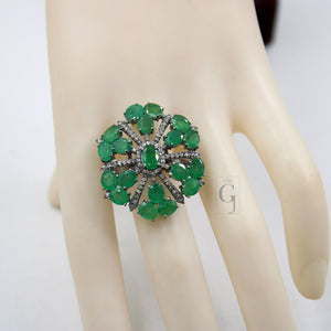 Beautiful Snowflake Designer Emerald Ring Designer Rosecut Pave Diamond Rings 925 Sterling Silver Handmade Silver Finish Diamond Ring