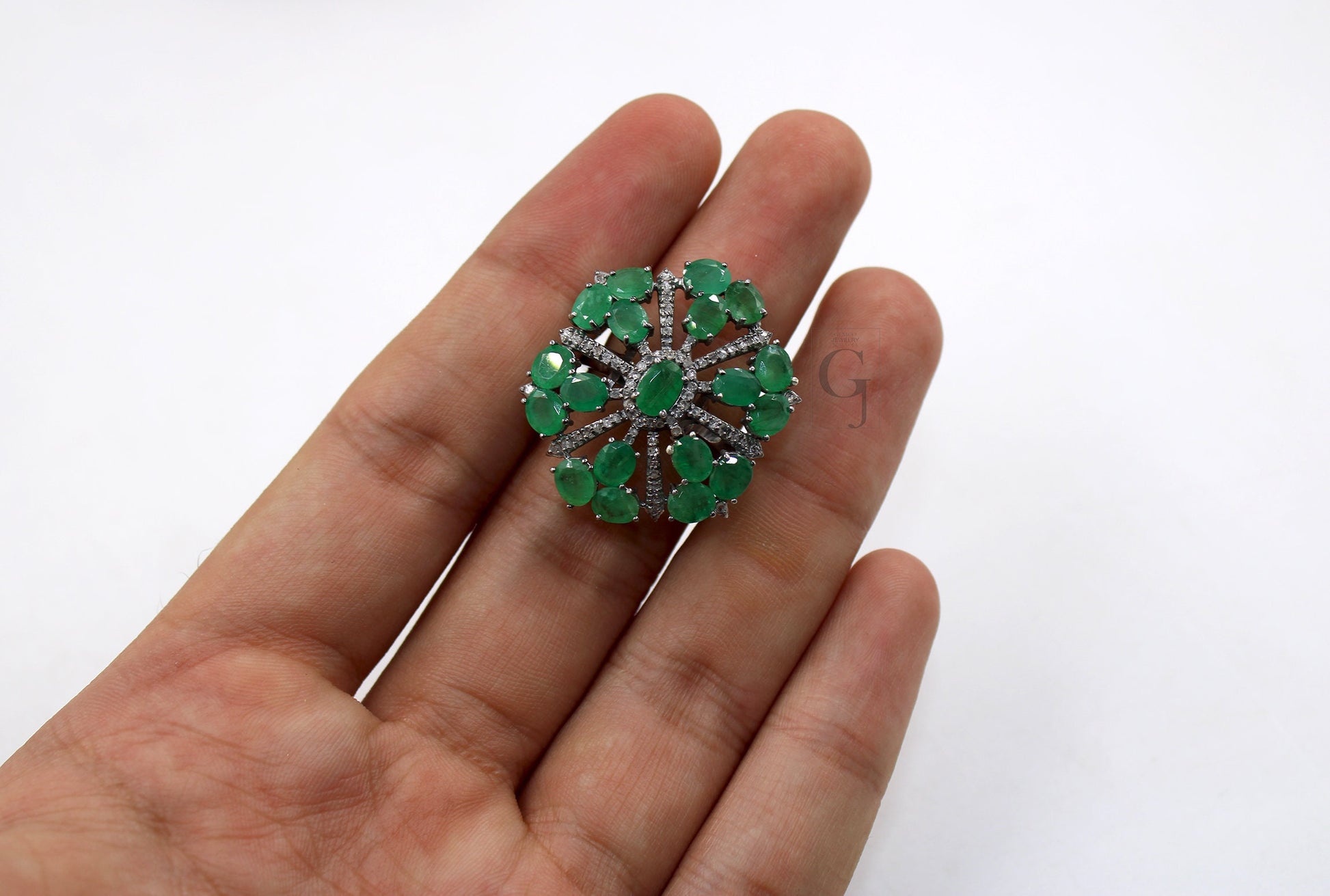 Beautiful Snowflake Designer Emerald Ring Designer Rosecut Pave Diamond Rings 925 Sterling Silver Handmade Silver Finish Diamond Ring