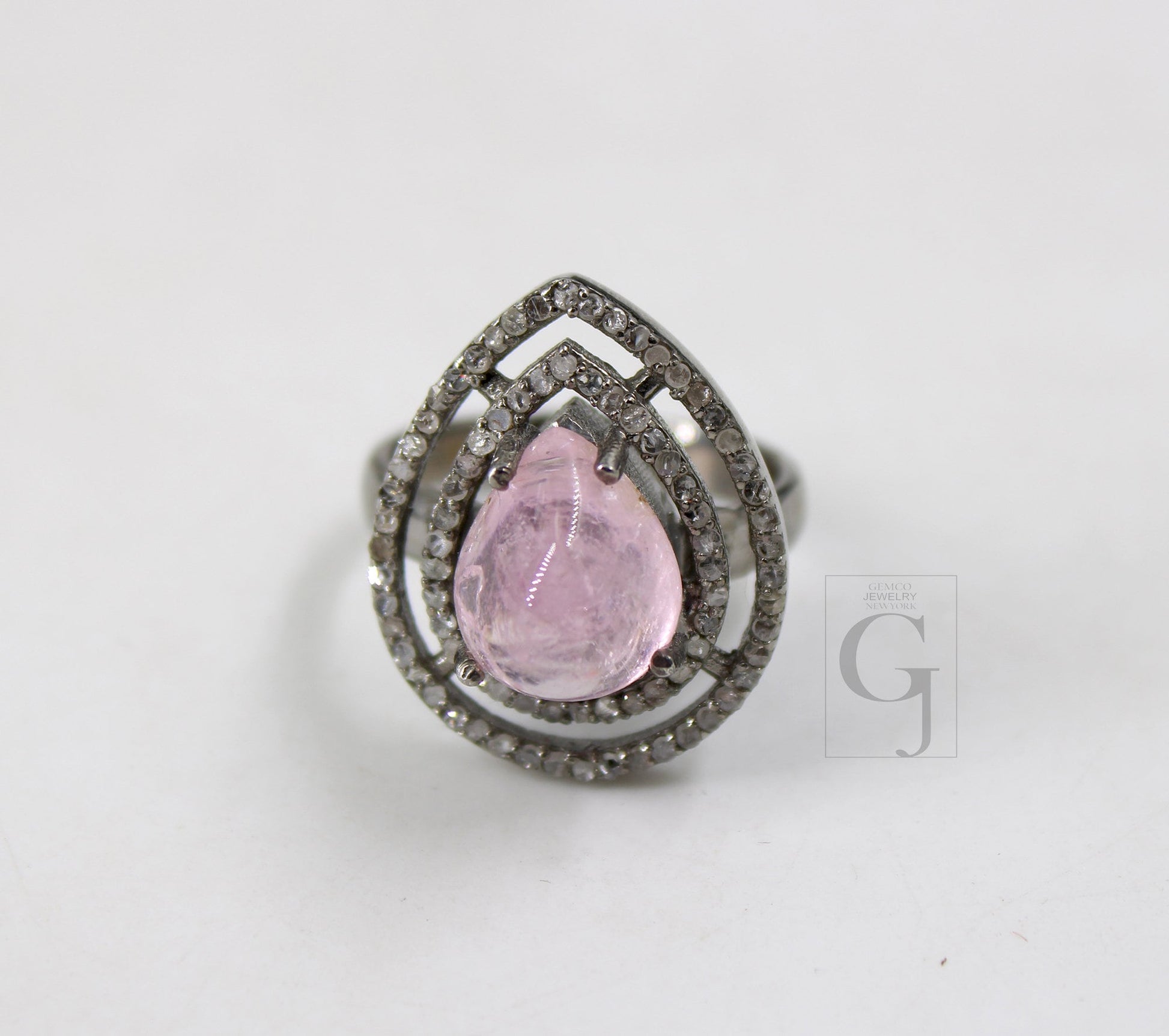 Beautiful teardrop shape pink tourmaline ring designer Rosecut pave diamond rings 925 sterling silver handmade silver finish diamond ring