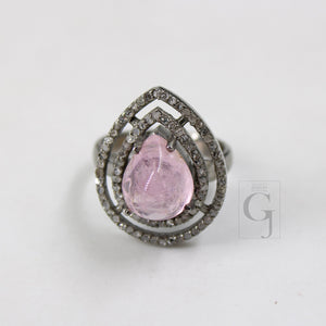 Beautiful teardrop shape pink tourmaline ring designer Rosecut pave diamond rings 925 sterling silver handmade silver finish diamond ring