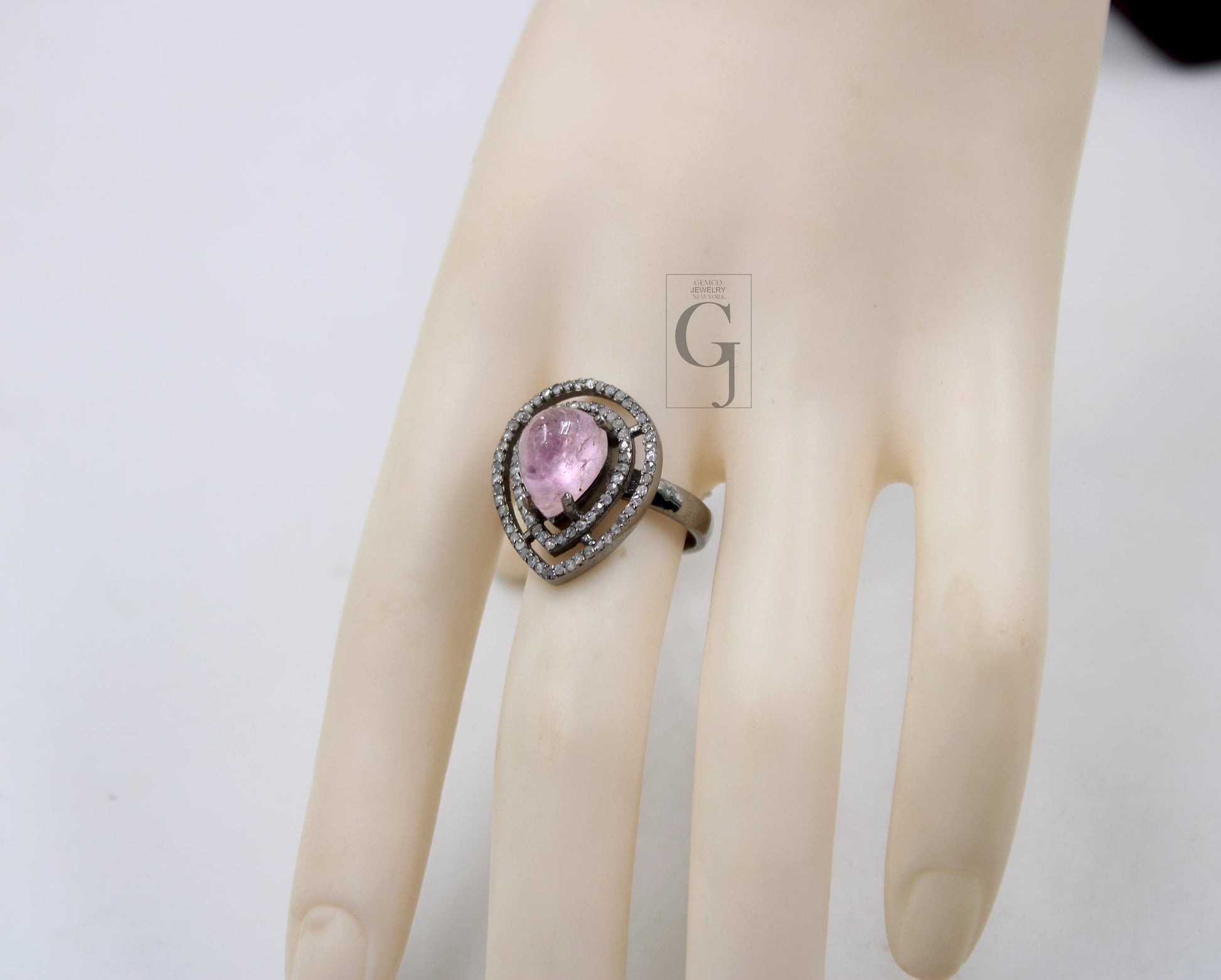 Beautiful teardrop shape pink tourmaline ring designer Rosecut pave diamond rings 925 sterling silver handmade silver finish diamond ring