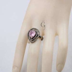 Beautiful teardrop shape pink tourmaline ring designer Rosecut pave diamond rings 925 sterling silver handmade silver finish diamond ring