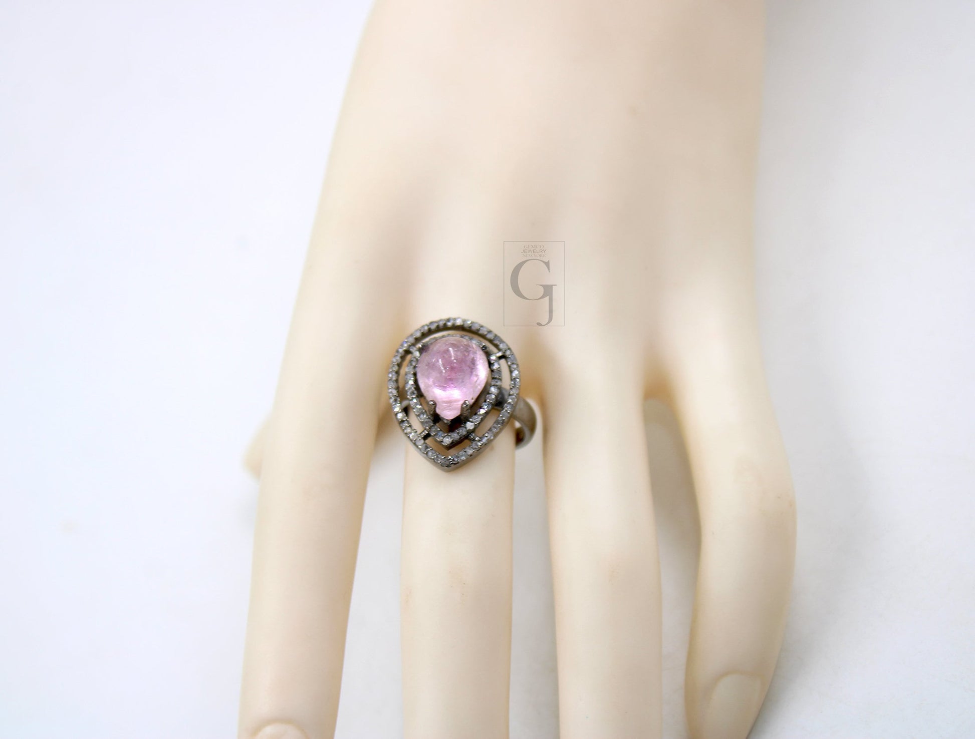 Beautiful teardrop shape pink tourmaline ring designer Rosecut pave diamond rings 925 sterling silver handmade silver finish diamond ring