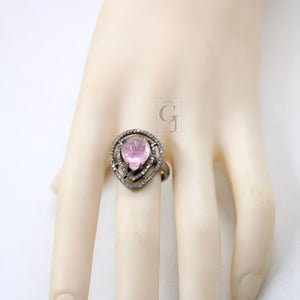 Beautiful teardrop shape pink tourmaline ring designer Rosecut pave diamond rings 925 sterling silver handmade silver finish diamond ring