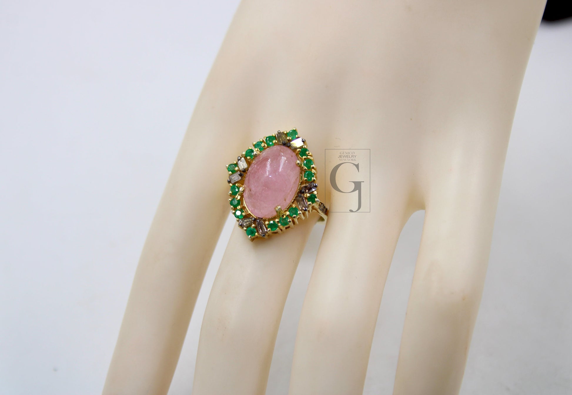 Beautiful 14k Gold Finish Pink Tourmaline Ring Designer Rosecut Pave Diamond Rings 925 Sterling Silver Handmade Silver Finish Diamond Ring