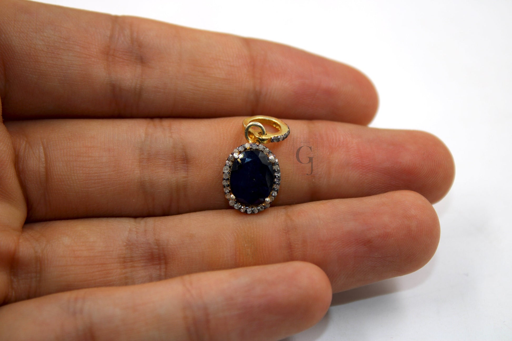 14k Gold Finish Blue Sapphire Pendant Rosecut Pave Diamond Pendant 925 Sterling Silver Handmade Finish Diamond Charms Necklace Pendant