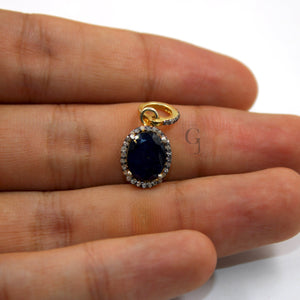 14k Gold Finish Blue Sapphire Pendant Rosecut Pave Diamond Pendant 925 Sterling Silver Handmade Finish Diamond Charms Necklace Pendant