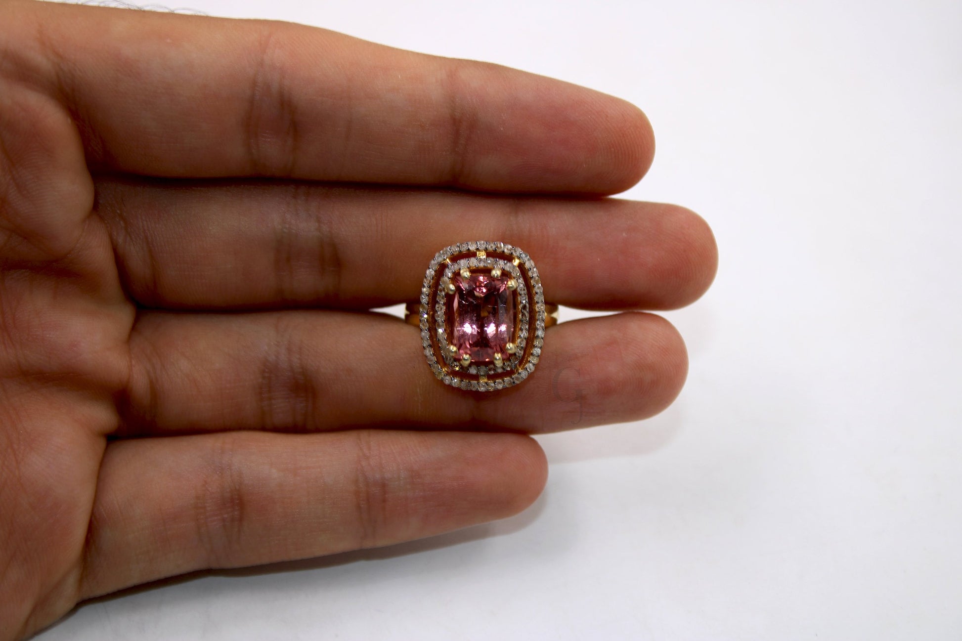 14k Gold Finish Beautiful Pink Tourmaline Ring Designer Rosecut Pave Diamond Rings 925 Sterling Silver Handmade Silver Finish Diamond Ring