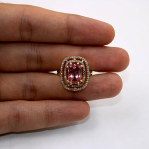 14k Gold Finish Beautiful Pink Tourmaline Ring Designer Rosecut Pave Diamond Rings 925 Sterling Silver Handmade Silver Finish Diamond Ring