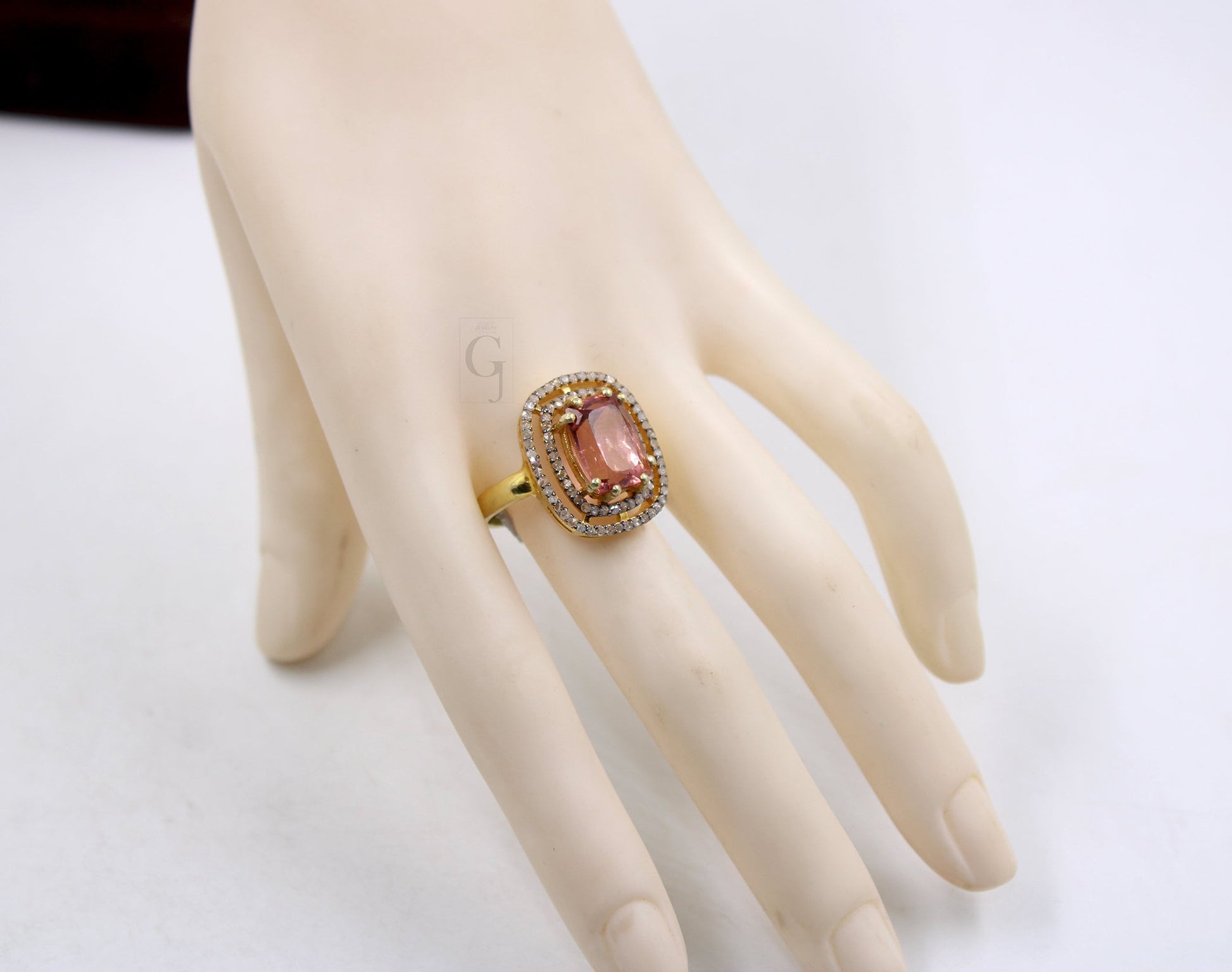 14k Gold Finish Beautiful Pink Tourmaline Ring Designer Rosecut Pave Diamond Rings 925 Sterling Silver Handmade Silver Finish Diamond Ring