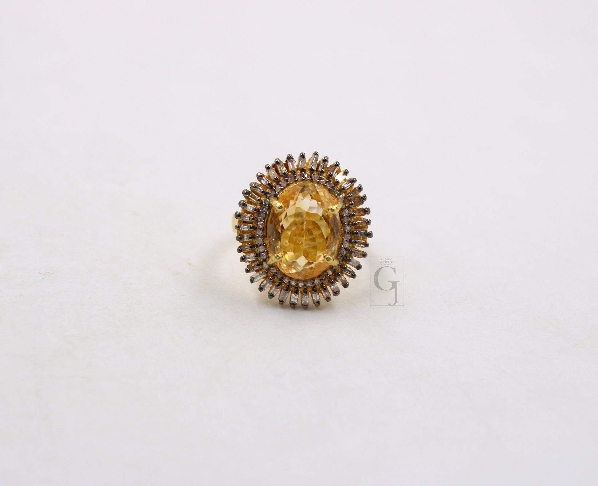 18k Gold Finish Baguette Designer Citrine Ring Rosecut Pave Diamond Rings 925 Sterling Silver Handmade Silver Finish Diamond Ring