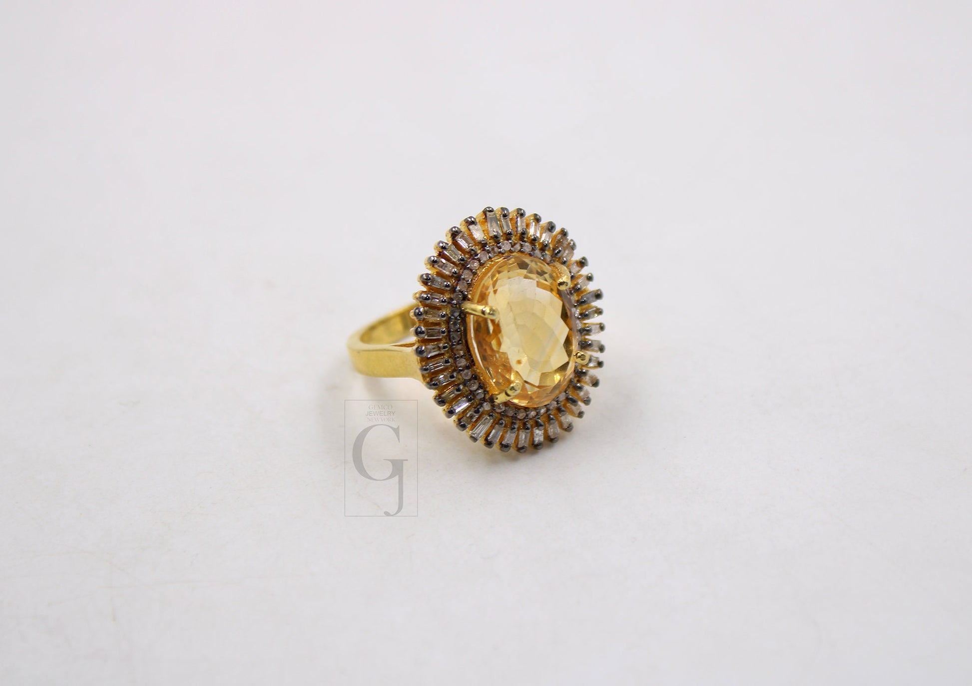 18k Gold Finish Baguette Designer Citrine Ring Rosecut Pave Diamond Rings 925 Sterling Silver Handmade Silver Finish Diamond Ring