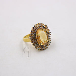 18k Gold Finish Baguette Designer Citrine Ring Rosecut Pave Diamond Rings 925 Sterling Silver Handmade Silver Finish Diamond Ring