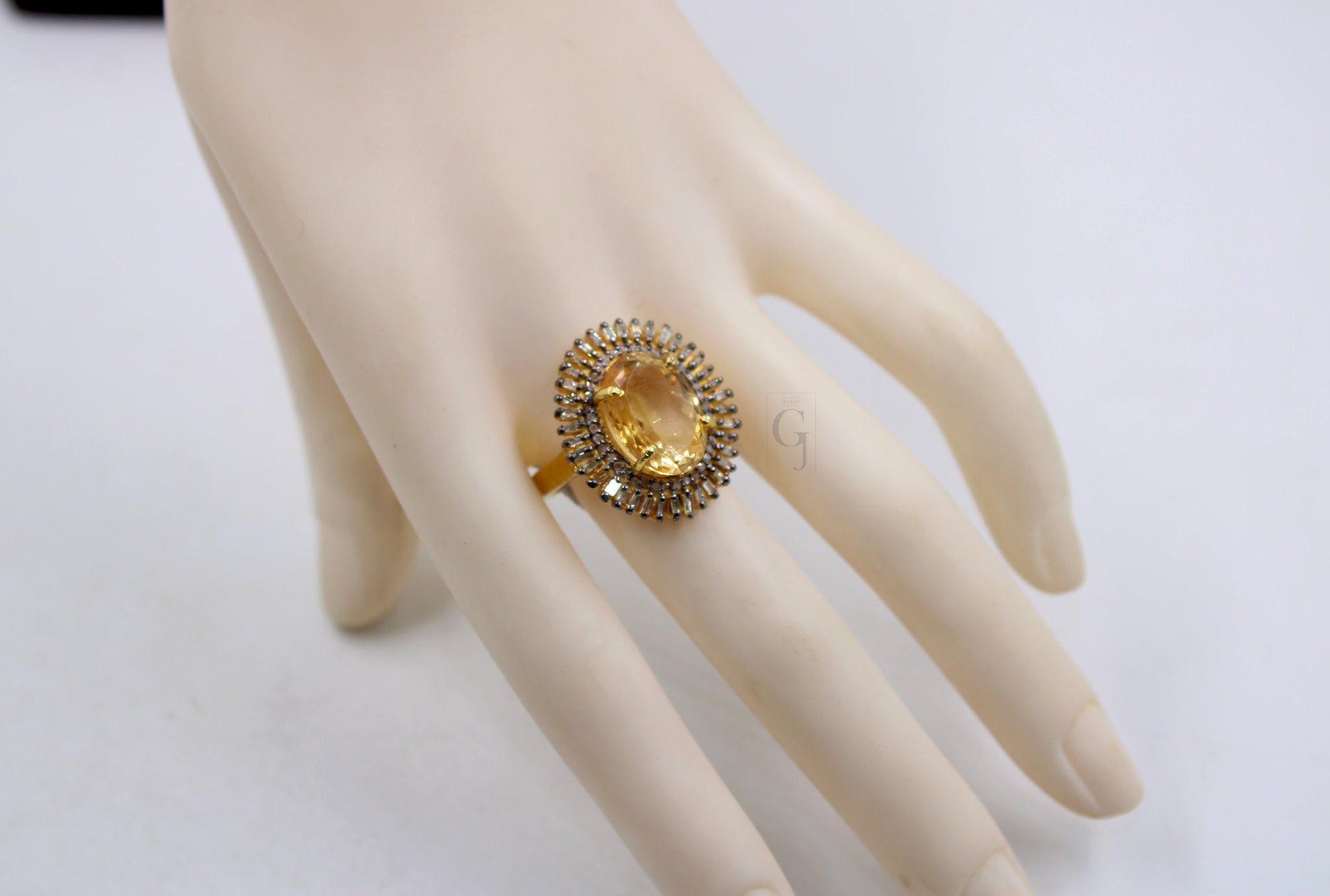 18k Gold Finish Baguette Designer Citrine Ring Rosecut Pave Diamond Rings 925 Sterling Silver Handmade Silver Finish Diamond Ring