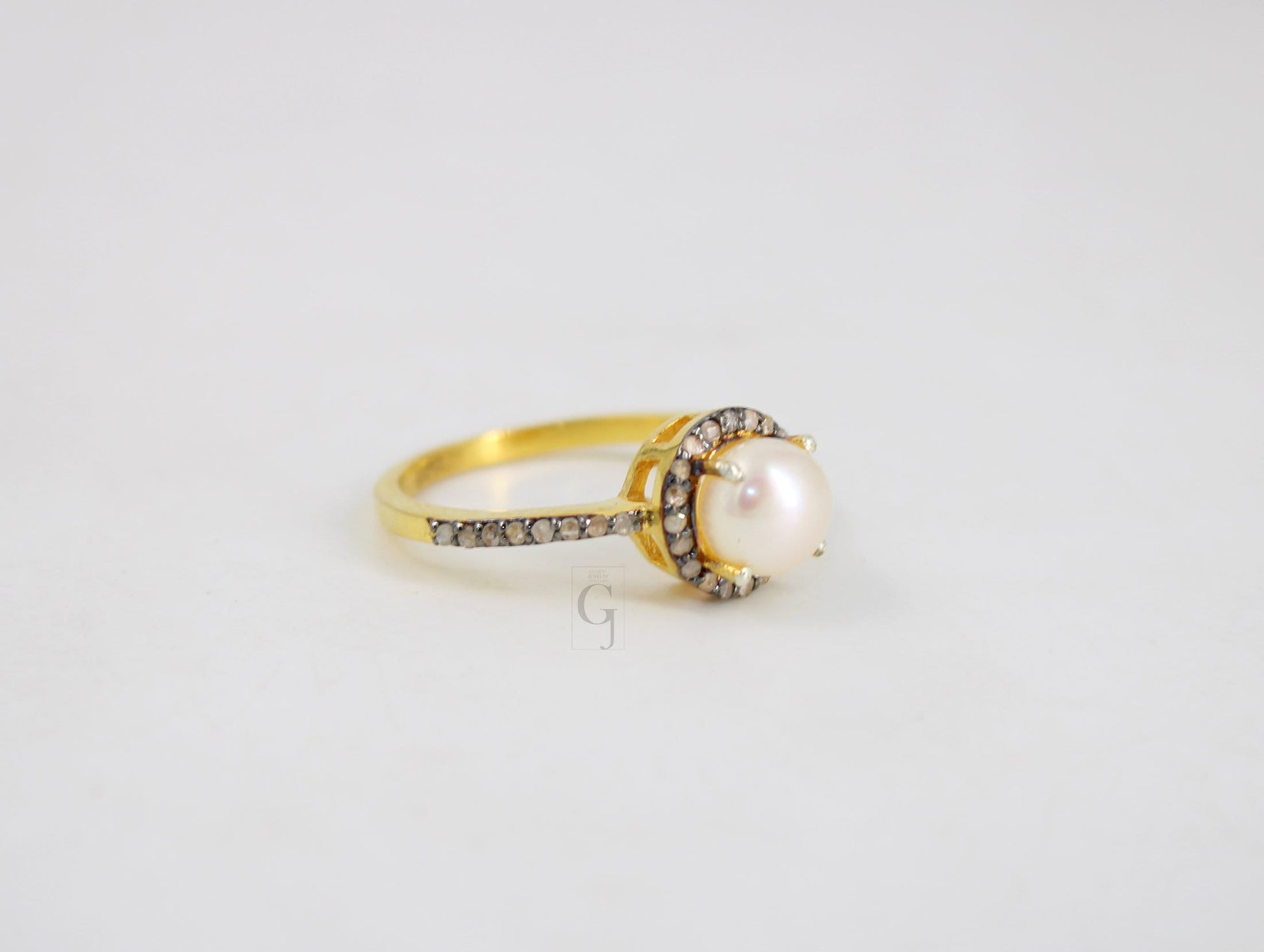 14k gold finish pearl ring designer Rosecut pave diamond rings 925 sterling silver handmade silver finish diamond jewelry ring