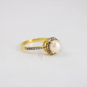 14k gold finish pearl ring designer Rosecut pave diamond rings 925 sterling silver handmade silver finish diamond jewelry ring