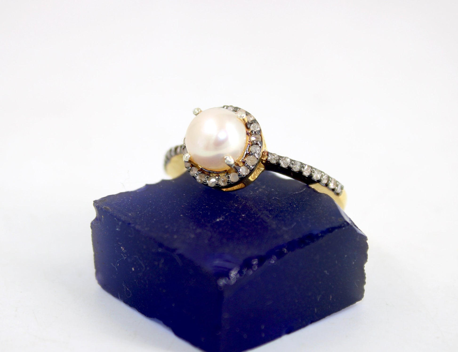 14k gold finish pearl ring designer Rosecut pave diamond rings 925 sterling silver handmade silver finish diamond jewelry ring