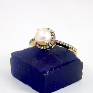 14k gold finish pearl ring designer Rosecut pave diamond rings 925 sterling silver handmade silver finish diamond jewelry ring