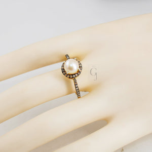 14k gold finish pearl ring designer Rosecut pave diamond rings 925 sterling silver handmade silver finish diamond jewelry ring