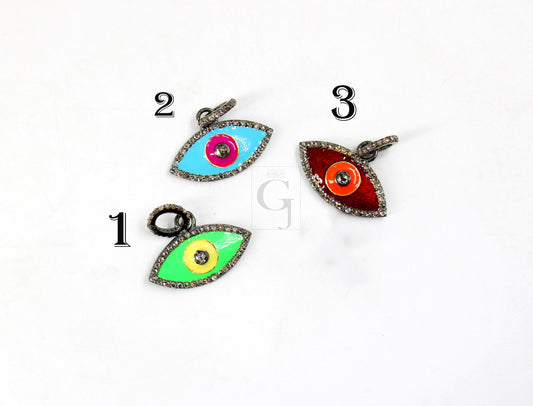 Very Beautiful Enamel Evil Eye Pendant Rosecut Pave Diamond Pendant 925 Sterling Silver Handmade Finish Diamond Charms Necklace Pendant