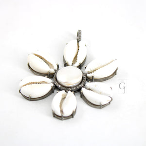 Beautiful Flower Designer Cowrie Pearl Pendant Diamond Rosecut Pave Diamond Pendant 925 Sterling Silver Handmade Diamond Necklace Pendant