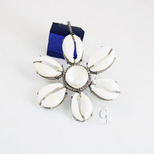 Beautiful Flower Designer Cowrie Pearl Pendant Diamond Rosecut Pave Diamond Pendant 925 Sterling Silver Handmade Diamond Necklace Pendant