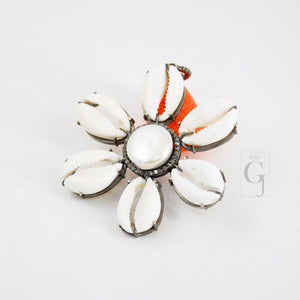 Beautiful Flower Designer Cowrie Pearl Pendant Diamond Rosecut Pave Diamond Pendant 925 Sterling Silver Handmade Diamond Necklace Pendant