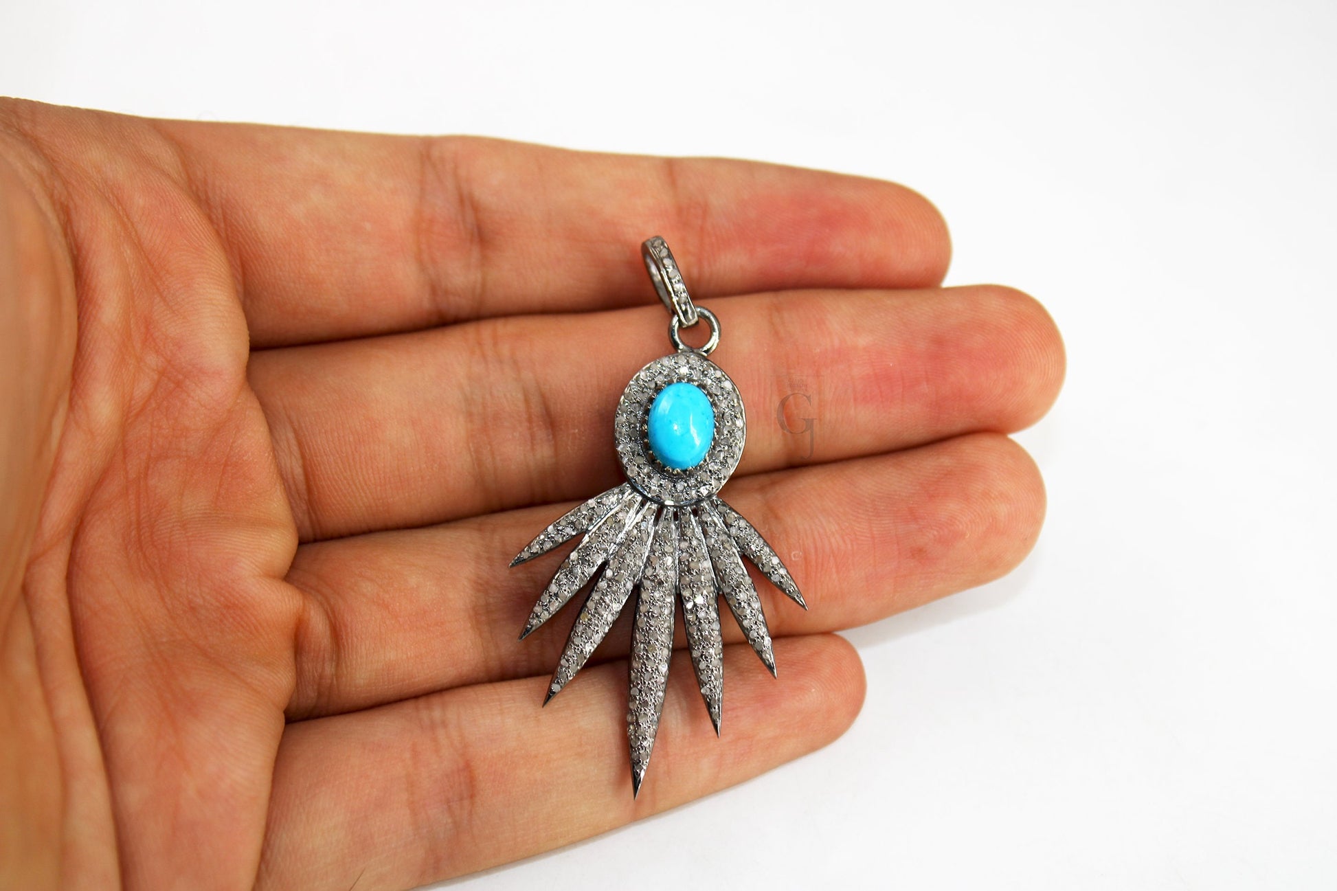 Opal pendant, emerald pendant, turquoise pendant designer Rosecut pave diamond pendant sterling 925 silver handmade finish diamond pendant