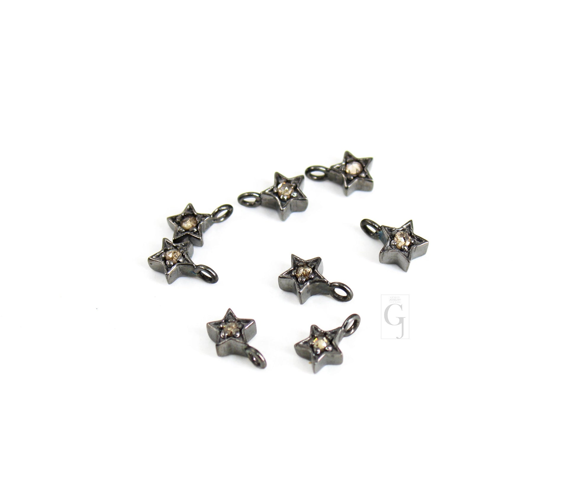 Set Of 5 Star Pendant Charms Designer Rosecut Pave Diamond Pendant Sterling 925 Silver Handmade Finish Diamond Charms Necklace Pendant