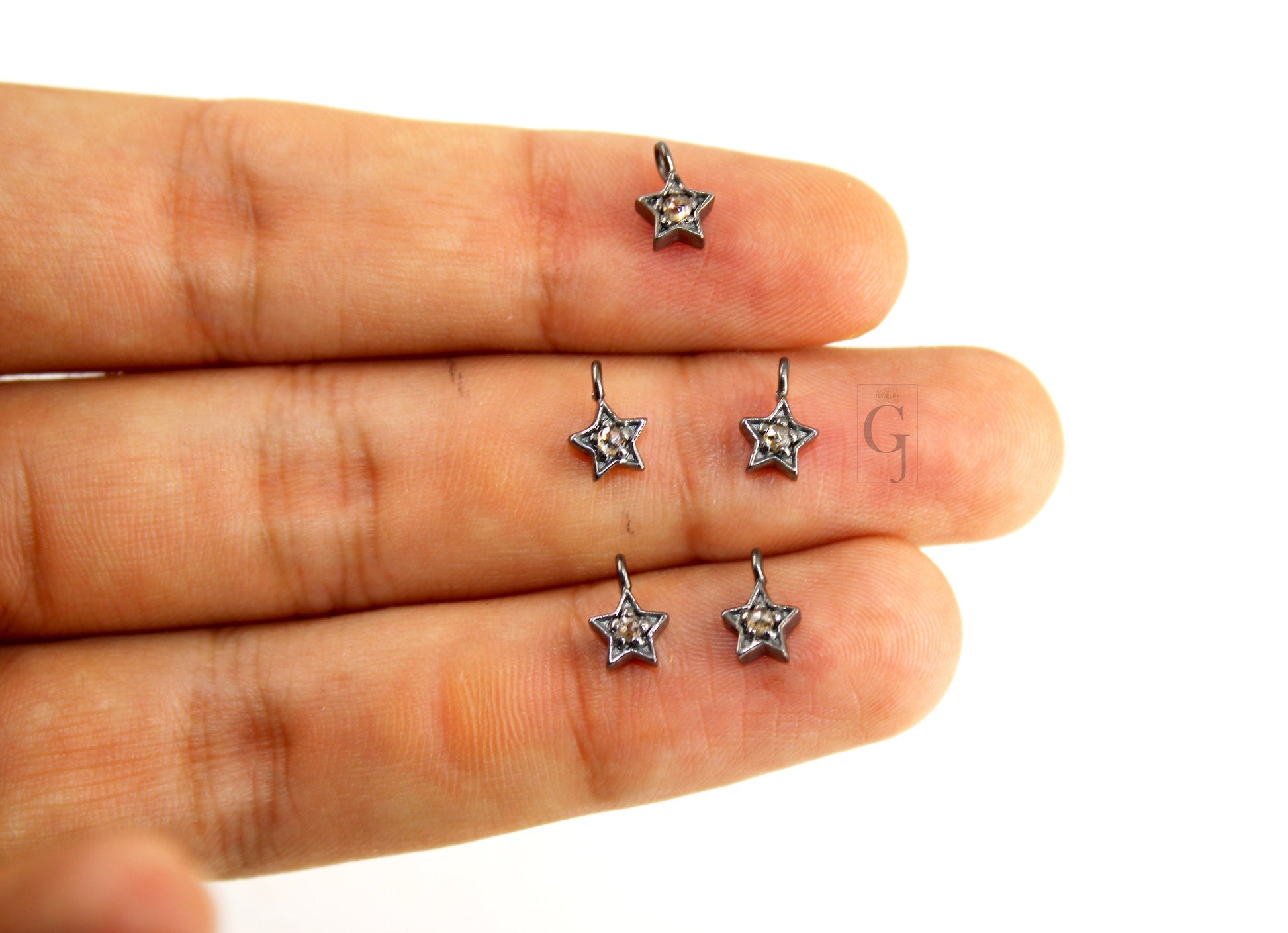 Set Of 5 Star Pendant Charms Designer Rosecut Pave Diamond Pendant Sterling 925 Silver Handmade Finish Diamond Charms Necklace Pendant