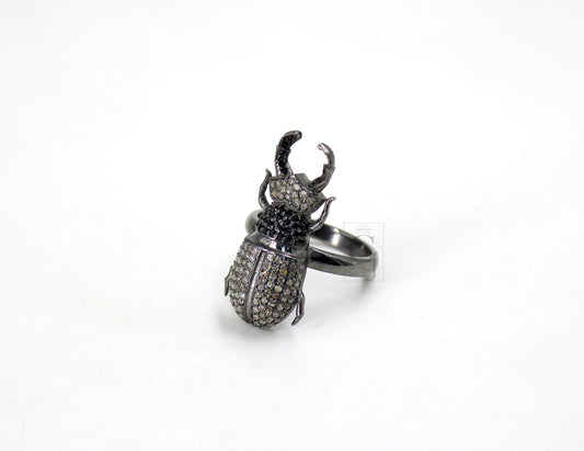 Antique Finish Beetle Ring Designer Brilliant Pave Diamond Rings 925 Sterling Silver Handmade Silver Finish Diamond Ring Jewelry