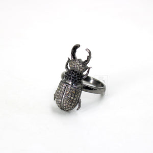 Antique Finish Beetle Ring Designer Brilliant Pave Diamond Rings 925 Sterling Silver Handmade Silver Finish Diamond Ring Jewelry