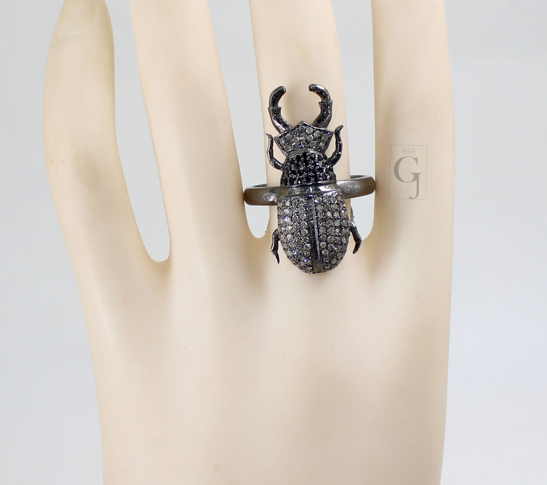 Antique Finish Beetle Ring Designer Brilliant Pave Diamond Rings 925 Sterling Silver Handmade Silver Finish Diamond Ring Jewelry