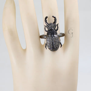 Antique Finish Beetle Ring Designer Brilliant Pave Diamond Rings 925 Sterling Silver Handmade Silver Finish Diamond Ring Jewelry